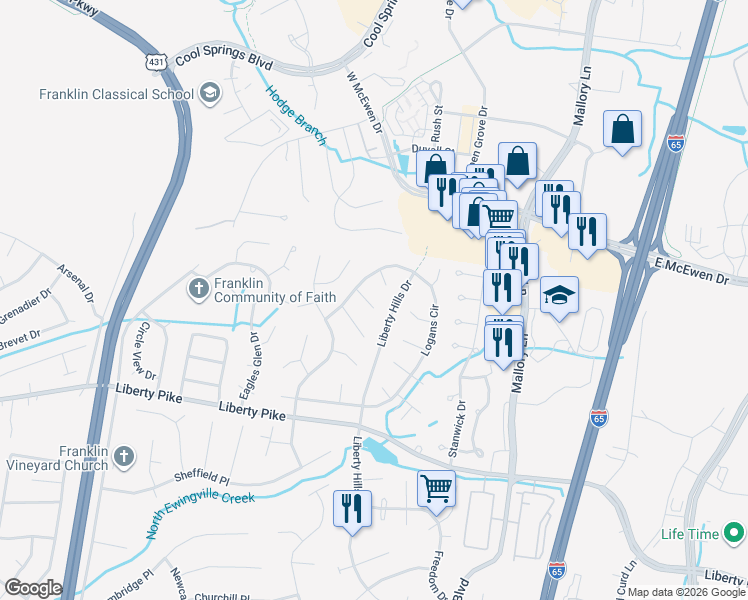 map of restaurants, bars, coffee shops, grocery stores, and more near 808 Gadsden Place in Franklin