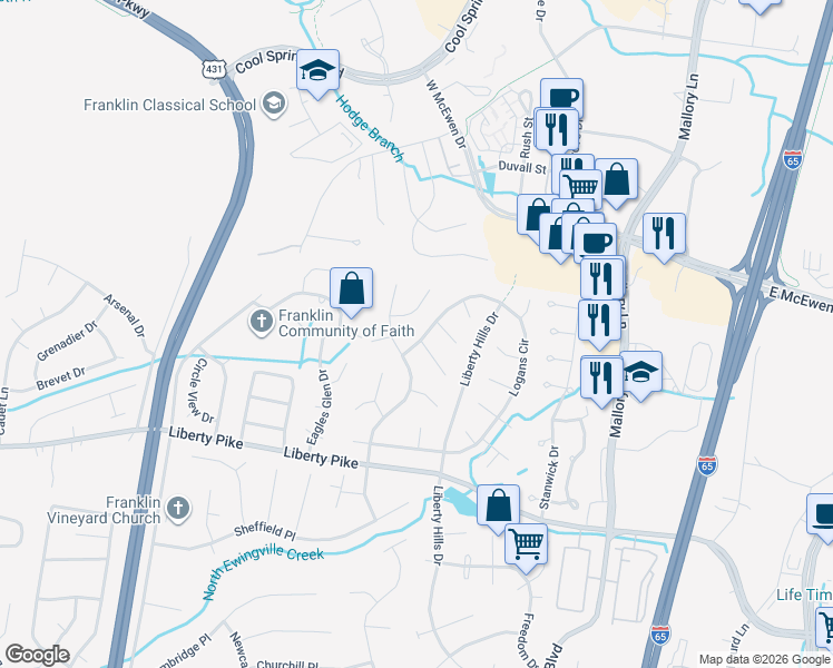map of restaurants, bars, coffee shops, grocery stores, and more near 451 Logans Circle in Franklin