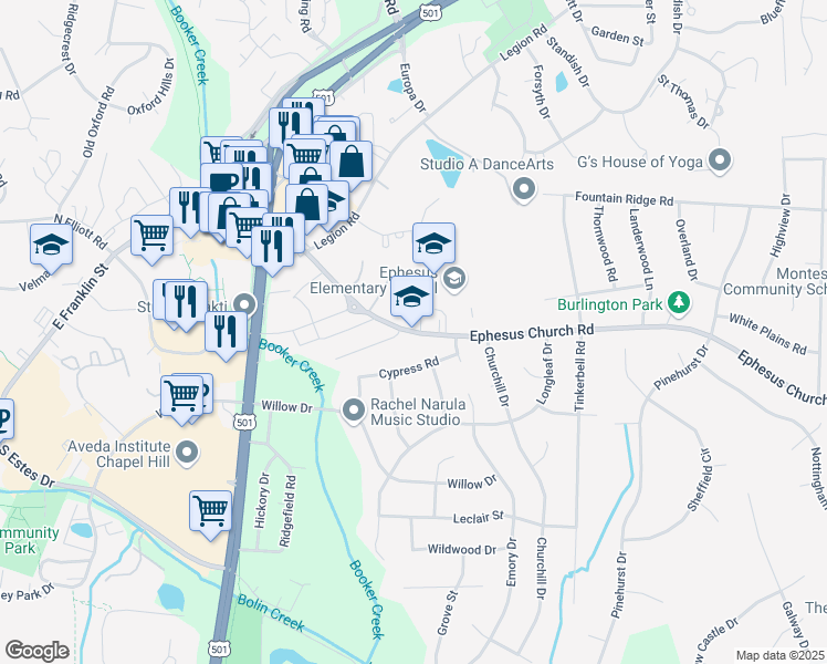 map of restaurants, bars, coffee shops, grocery stores, and more near 1495 Ephesus Church Road in Chapel Hill