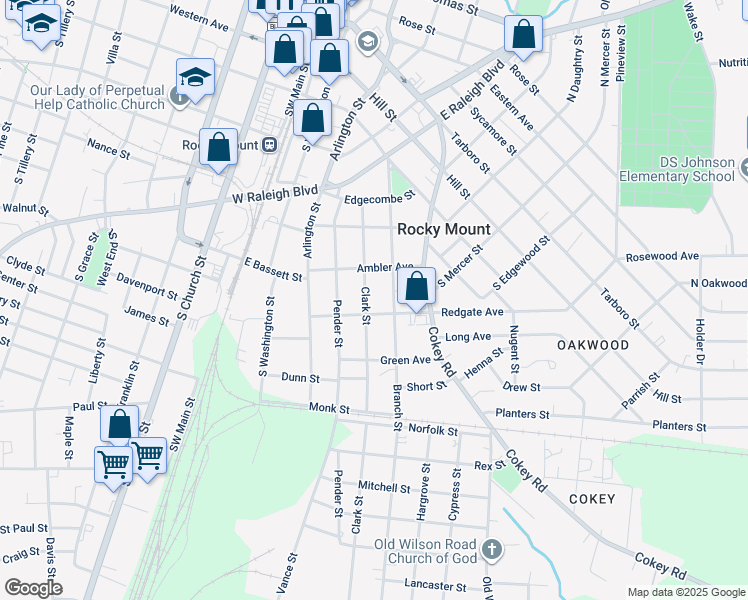 map of restaurants, bars, coffee shops, grocery stores, and more near 731 Clark Street in Rocky Mount