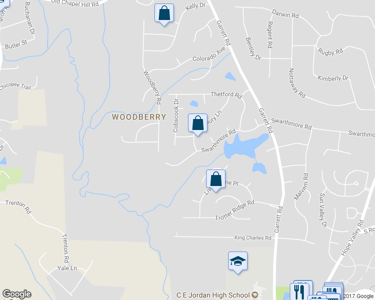 map of restaurants, bars, coffee shops, grocery stores, and more near 4306 Swarthmore Road in Durham