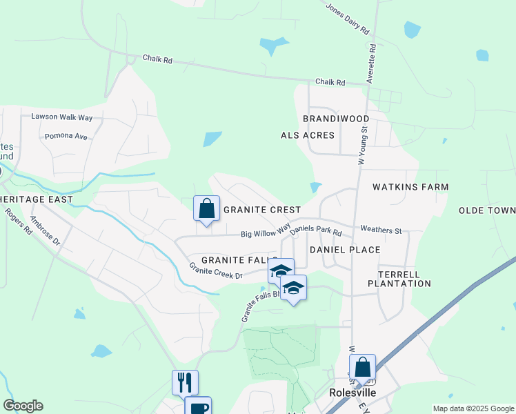 map of restaurants, bars, coffee shops, grocery stores, and more near 522 Misty Willow Way in Rolesville