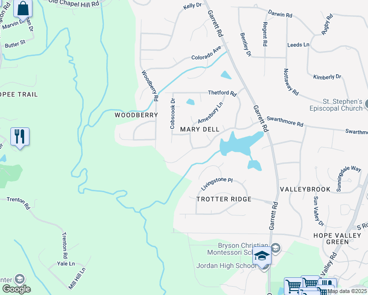 map of restaurants, bars, coffee shops, grocery stores, and more near 4306 Swarthmore Road in Durham