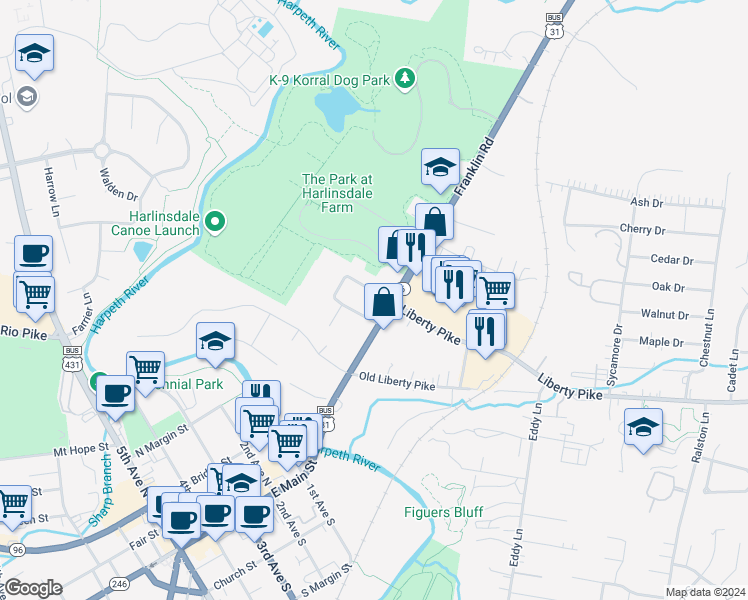 map of restaurants, bars, coffee shops, grocery stores, and more near 109 Winslow Road in Franklin