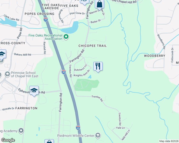map of restaurants, bars, coffee shops, grocery stores, and more near 4703 Knights Arm Drive in Durham