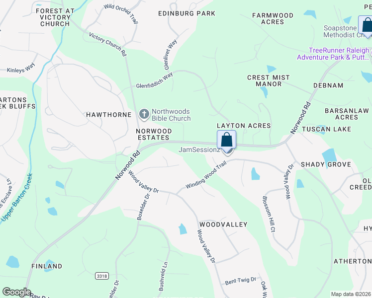 map of restaurants, bars, coffee shops, grocery stores, and more near 12220 Norwood Road in Raleigh