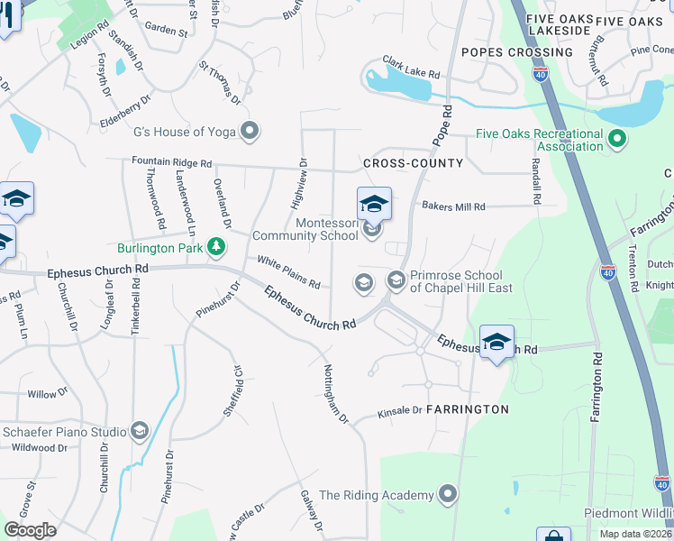 map of restaurants, bars, coffee shops, grocery stores, and more near 511 Colony Woods Drive in Chapel Hill