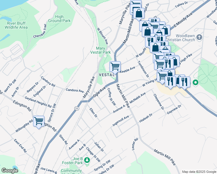 map of restaurants, bars, coffee shops, grocery stores, and more near 4200 Coffey Street Southwest in Knoxville