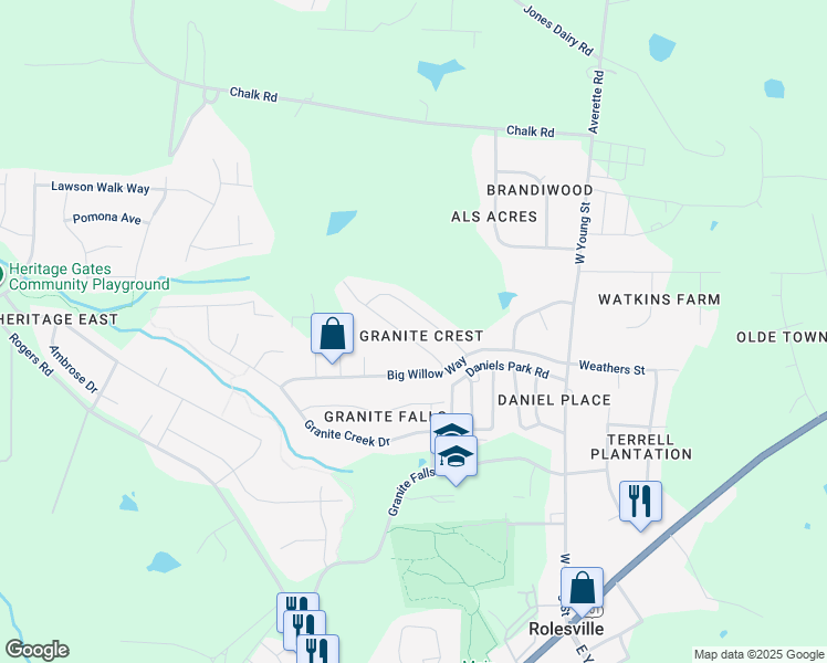 map of restaurants, bars, coffee shops, grocery stores, and more near 522 Misty Willow Way in Rolesville