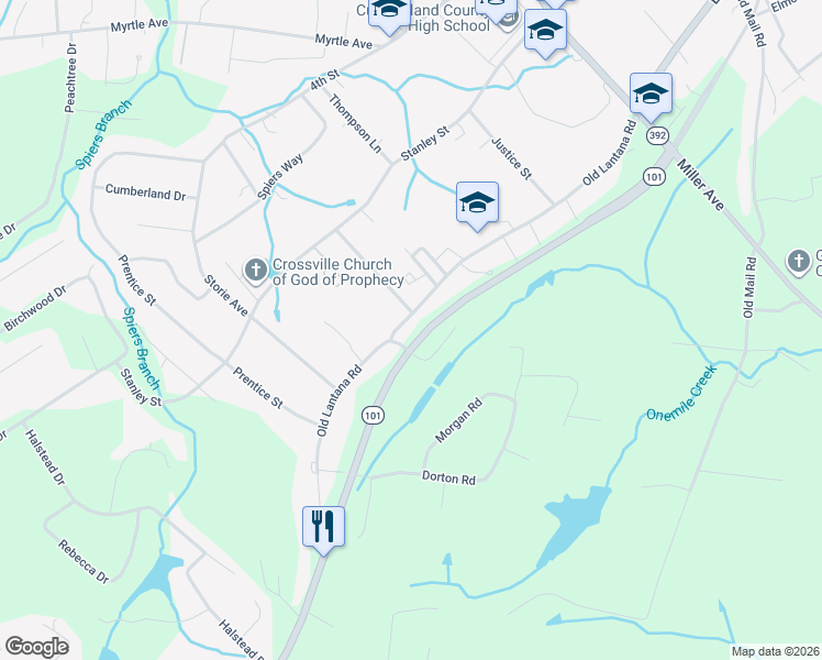 map of restaurants, bars, coffee shops, grocery stores, and more near 1255 Lantana Road in Crossville