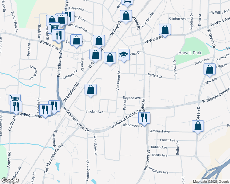 map of restaurants, bars, coffee shops, grocery stores, and more near 2303 Van Buren Street in High Point