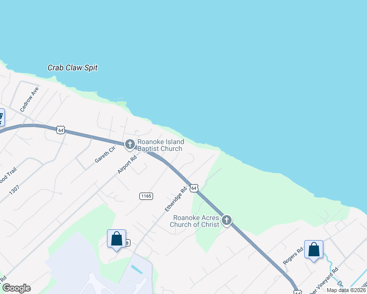map of restaurants, bars, coffee shops, grocery stores, and more near 125 Willett Tillett Road in Manteo
