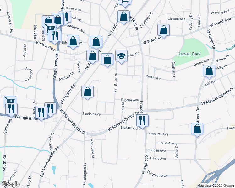 map of restaurants, bars, coffee shops, grocery stores, and more near 2303 Van Buren Street in High Point