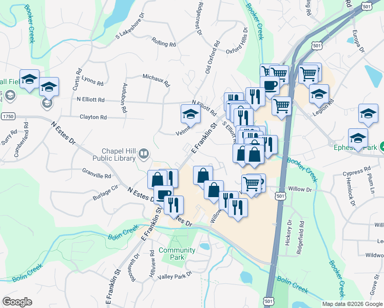 map of restaurants, bars, coffee shops, grocery stores, and more near in Chapel Hill