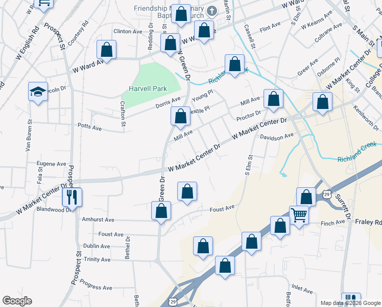 map of restaurants, bars, coffee shops, grocery stores, and more near 1620 Connor Place in High Point