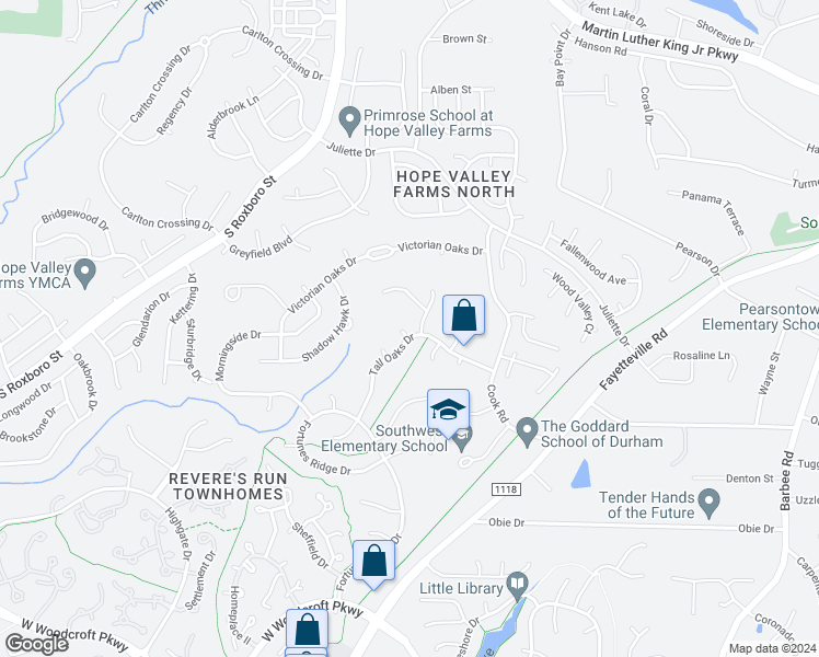 map of restaurants, bars, coffee shops, grocery stores, and more near 2 Hitching Rack Court in Durham