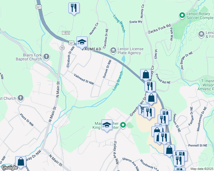 map of restaurants, bars, coffee shops, grocery stores, and more near 211 Sunset Street Northwest in Lenoir