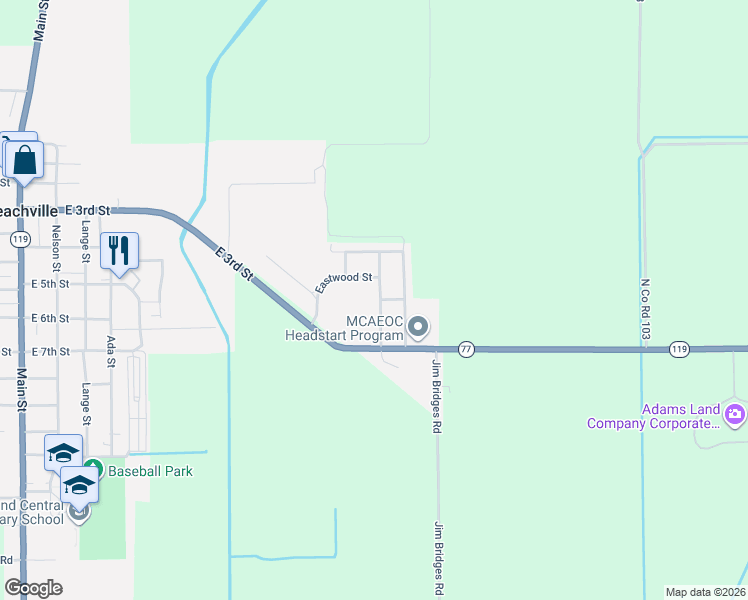 map of restaurants, bars, coffee shops, grocery stores, and more near 505 Thurmond Street in Leachville