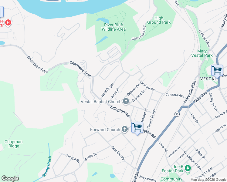 map of restaurants, bars, coffee shops, grocery stores, and more near 1207 Army Street in Knoxville