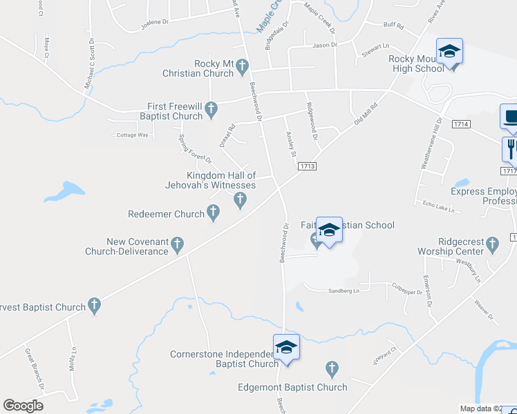 map of restaurants, bars, coffee shops, grocery stores, and more near Old Mill Road in Rocky Mount