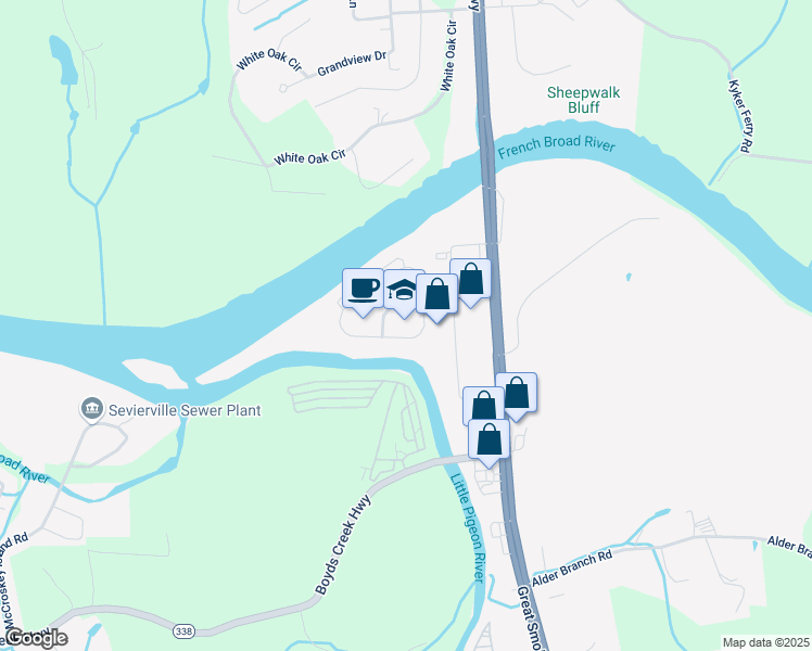 map of restaurants, bars, coffee shops, grocery stores, and more near 2411 Bussiness Center Circle in Sevierville