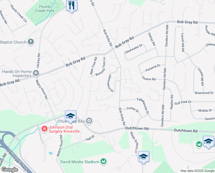 map of restaurants, bars, coffee shops, grocery stores, and more near 913 Glennshire Drive in Knoxville
