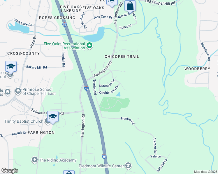 map of restaurants, bars, coffee shops, grocery stores, and more near 4803 Dutchess Lane in Durham