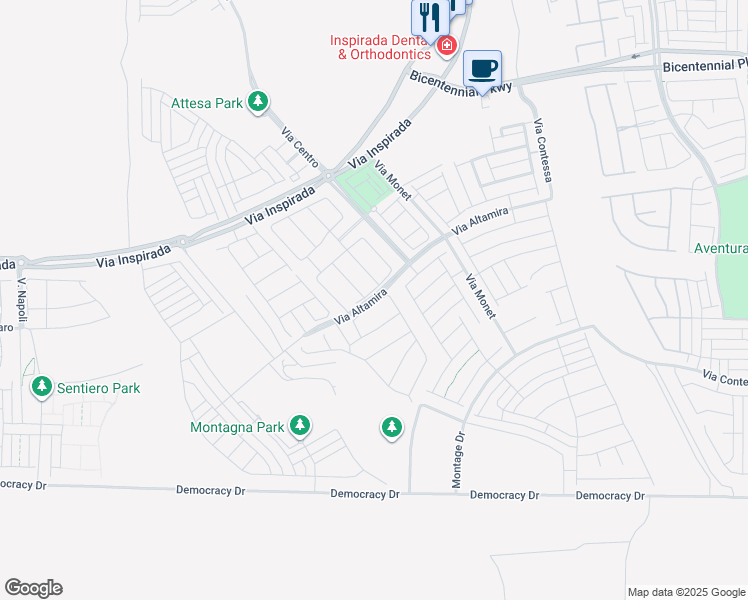 map of restaurants, bars, coffee shops, grocery stores, and more near Via Altamira in Henderson