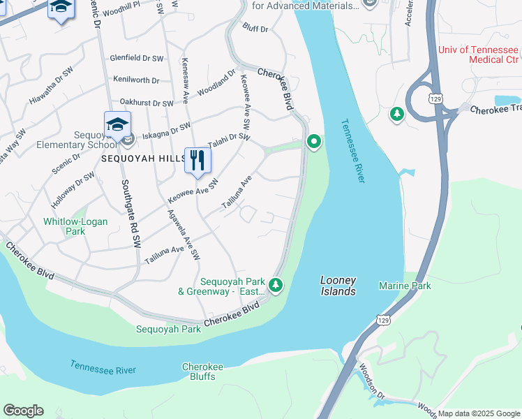map of restaurants, bars, coffee shops, grocery stores, and more near 3636 Taliluna Avenue in Knoxville