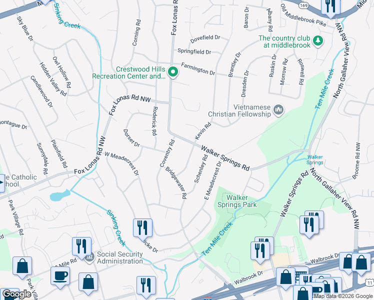 map of restaurants, bars, coffee shops, grocery stores, and more near 825 Kevin Road in Knoxville
