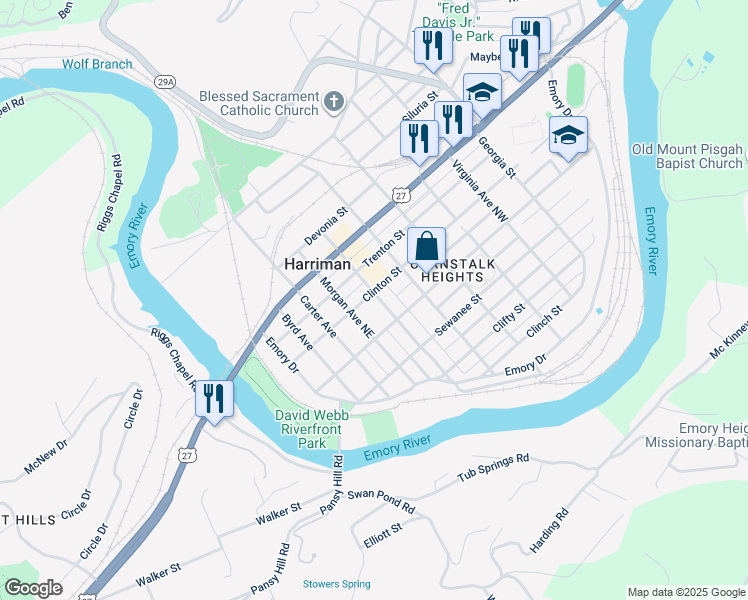 map of restaurants, bars, coffee shops, grocery stores, and more near 430 Morgan Avenue Northeast in Harriman