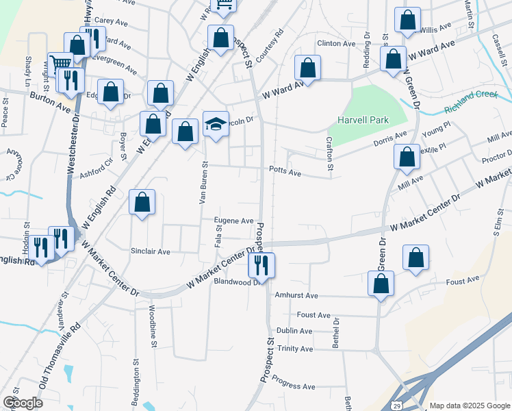 map of restaurants, bars, coffee shops, grocery stores, and more near 804 Prospect Street in High Point