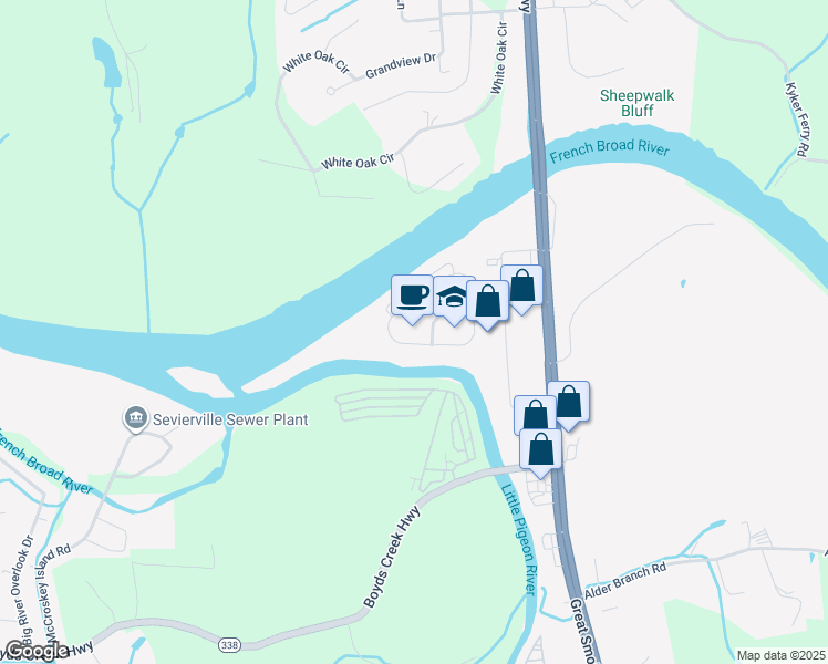 map of restaurants, bars, coffee shops, grocery stores, and more near 2376 Business Center Circle in Sevierville