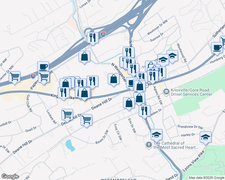 map of restaurants, bars, coffee shops, grocery stores, and more near 6221 Kingston Pike in Knoxville