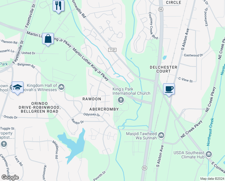 map of restaurants, bars, coffee shops, grocery stores, and more near 3434 Balfour East in Durham