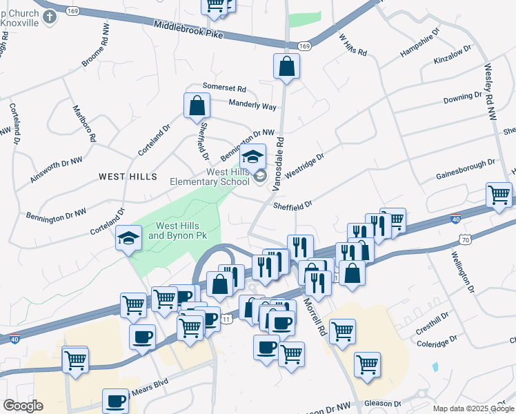 map of restaurants, bars, coffee shops, grocery stores, and more near 327 Vanosdale Road in Knoxville