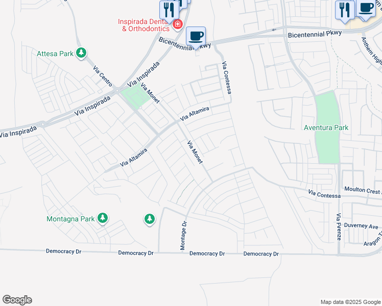 map of restaurants, bars, coffee shops, grocery stores, and more near 2637 Via Monet in Henderson