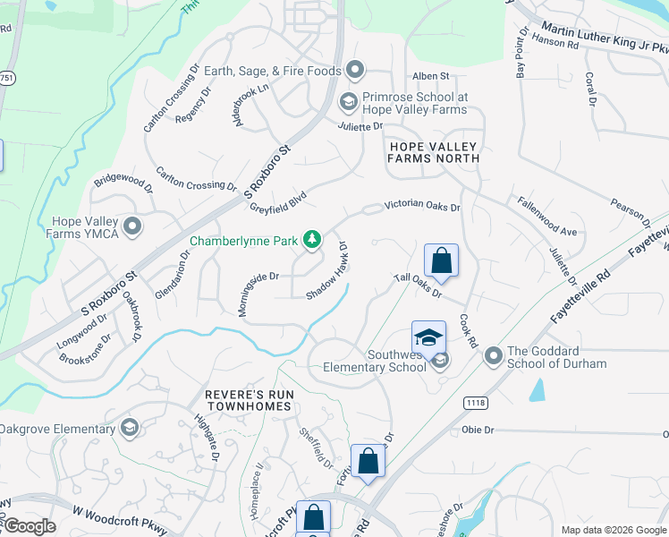 map of restaurants, bars, coffee shops, grocery stores, and more near 116 Shadow Hawk Drive in Durham