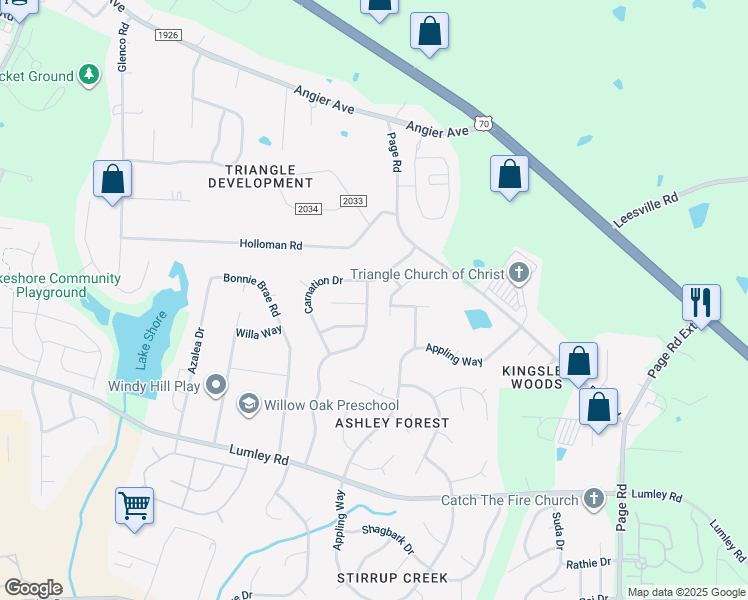 map of restaurants, bars, coffee shops, grocery stores, and more near 2405 Oleander Drive in Durham