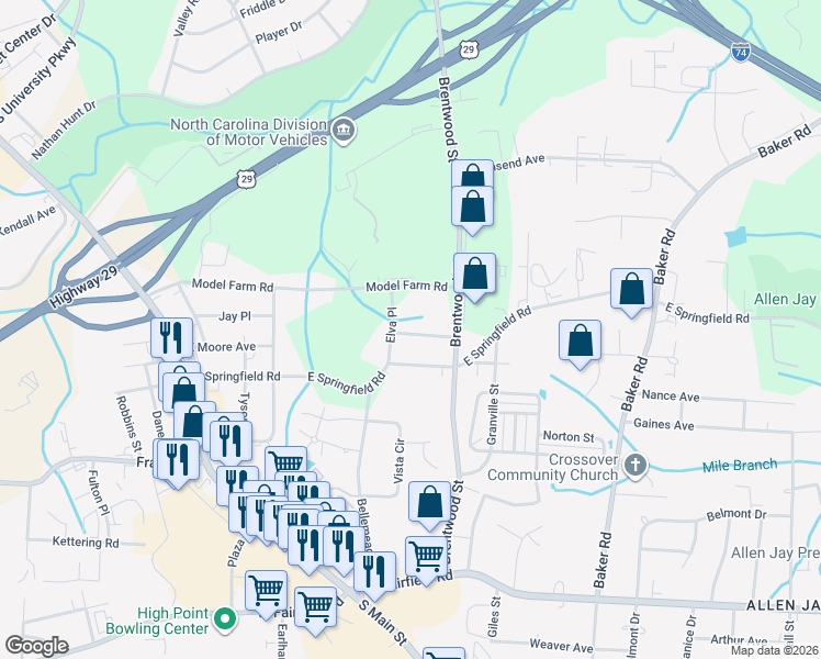map of restaurants, bars, coffee shops, grocery stores, and more near 608 Martha Place in High Point
