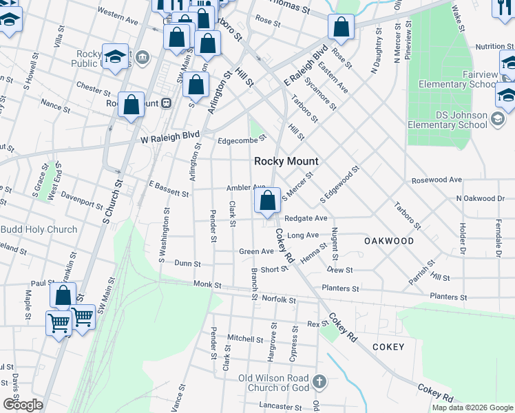 map of restaurants, bars, coffee shops, grocery stores, and more near 540 Cokey Road in Rocky Mount