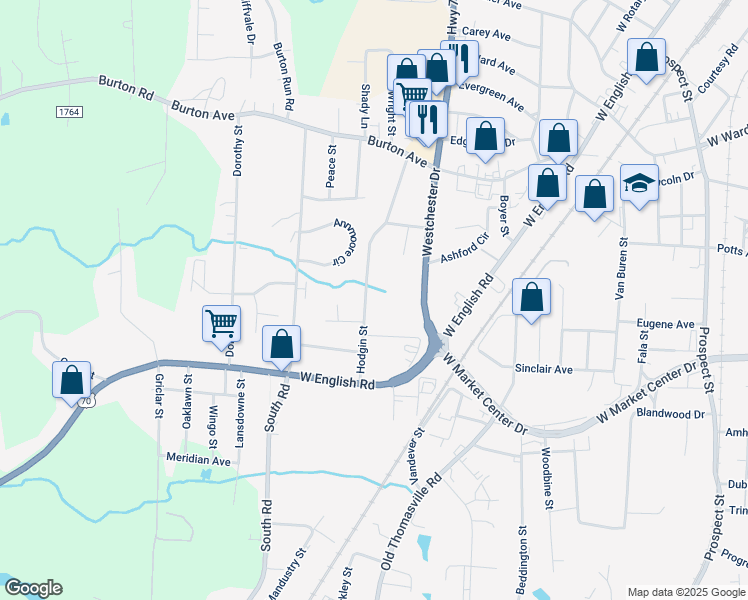 map of restaurants, bars, coffee shops, grocery stores, and more near 210 Hodgin Street in High Point
