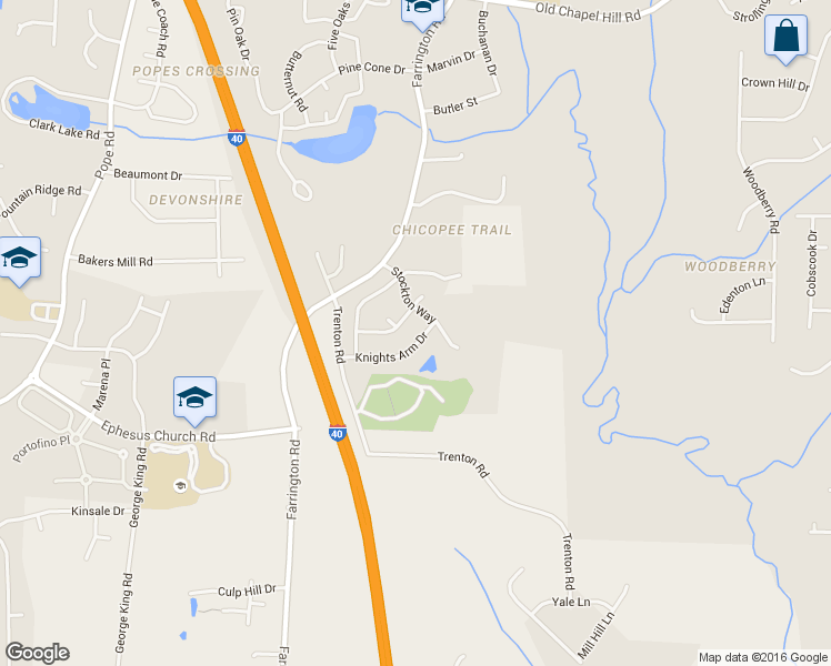 map of restaurants, bars, coffee shops, grocery stores, and more near 4706 Knights Arm Drive in Durham