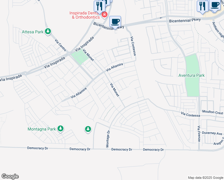 map of restaurants, bars, coffee shops, grocery stores, and more near 2637 Via Monet in Henderson