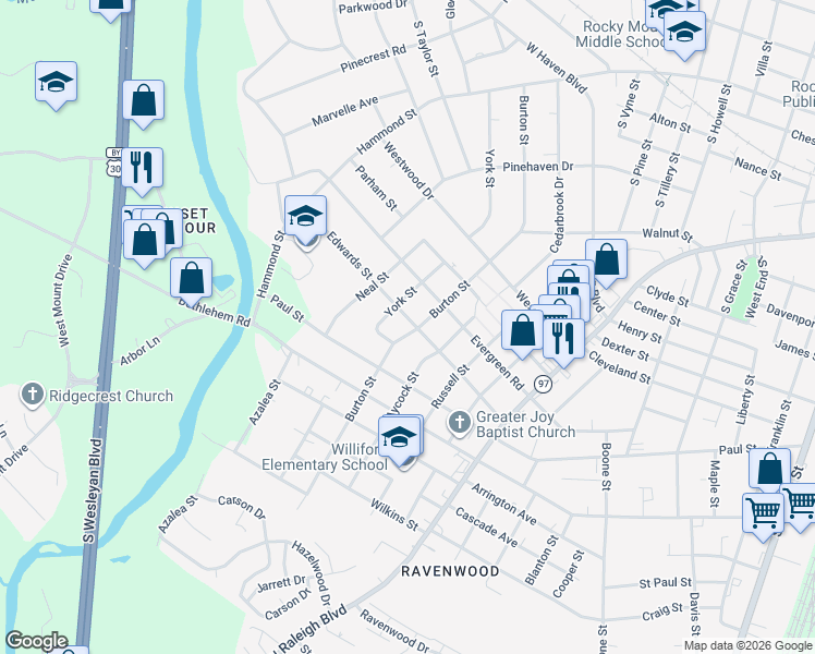 map of restaurants, bars, coffee shops, grocery stores, and more near 1200 Burton Street in Rocky Mount