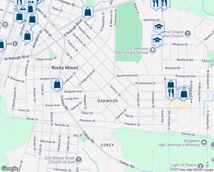 map of restaurants, bars, coffee shops, grocery stores, and more near 1004 Hill St in Rocky Mt