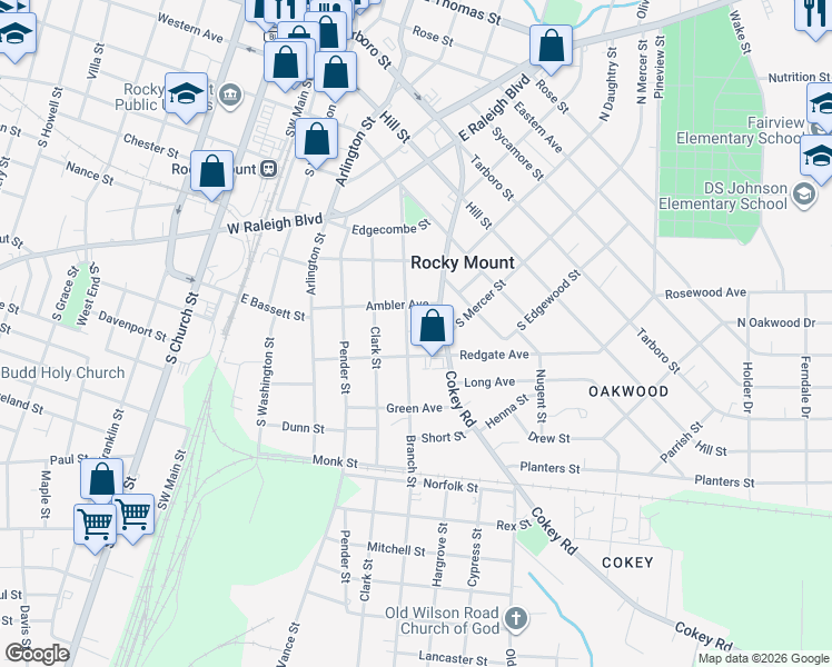 map of restaurants, bars, coffee shops, grocery stores, and more near 540 Cokey Road in Rocky Mount