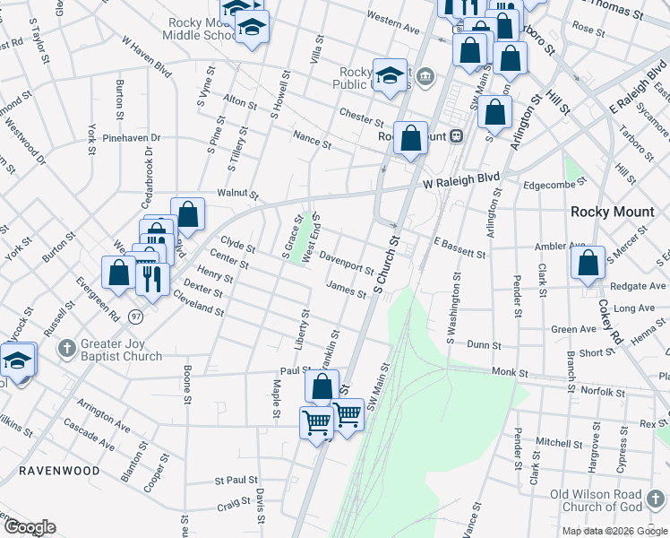 map of restaurants, bars, coffee shops, grocery stores, and more near 917 Belvedere Street in Rocky Mount