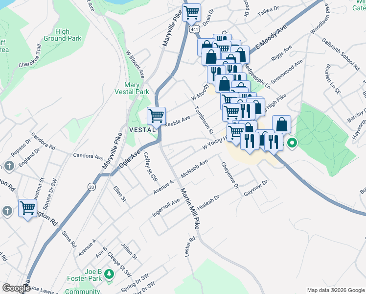 map of restaurants, bars, coffee shops, grocery stores, and more near 105 McDaniel Avenue in Knoxville