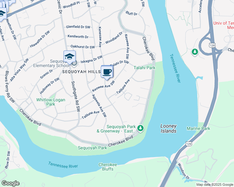 map of restaurants, bars, coffee shops, grocery stores, and more near 3652 Taliluna Avenue in Knoxville